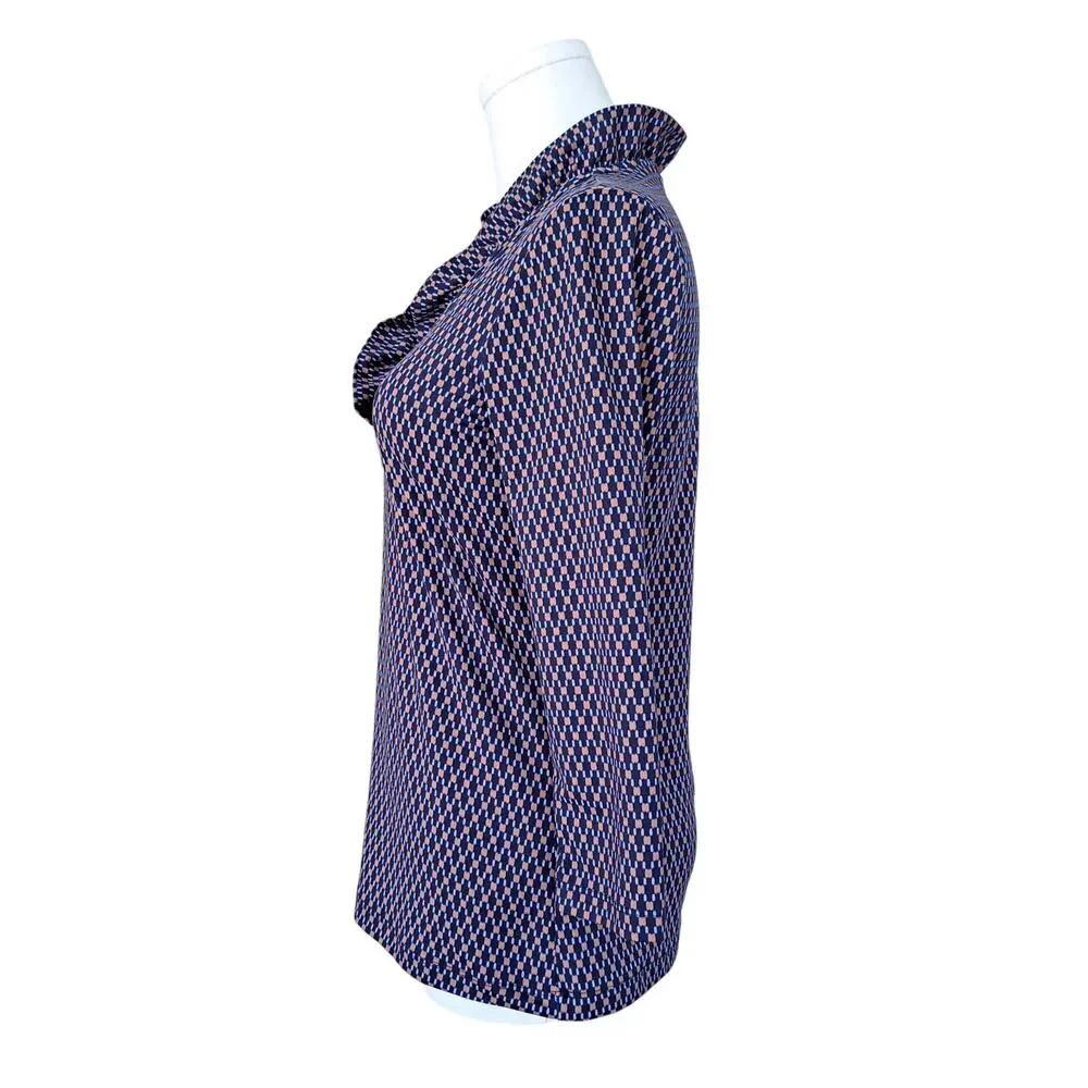 J McLaughlin Durham Ruffle Top Navy Blue Brown Geo Print XS Preppy 3/4 Sleeve